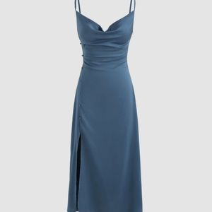 Medium Dusty Blue Cowl Neck Midi Slit Dress